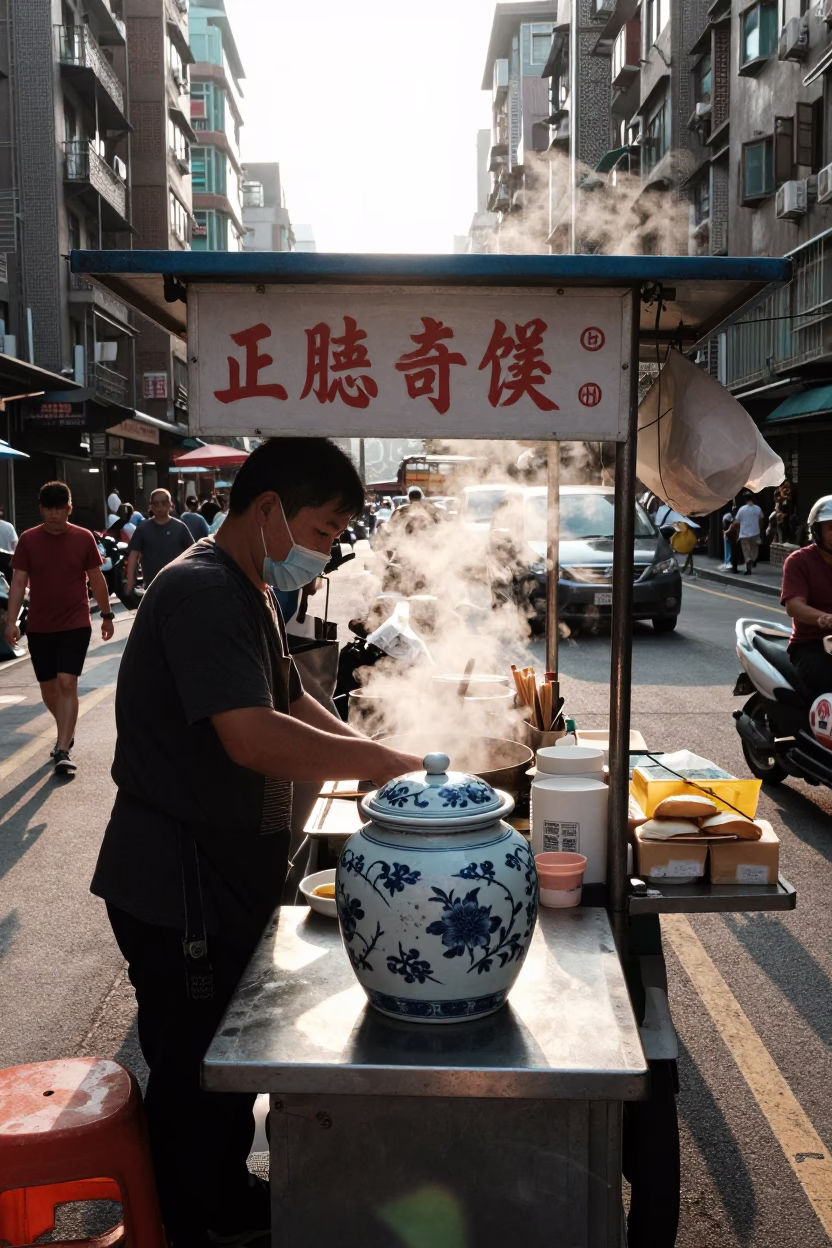 Taipei Street Vendor Breakfast Stall with Porcelain Jar and Ladle at Sunrise in in Taipei, Taiwan