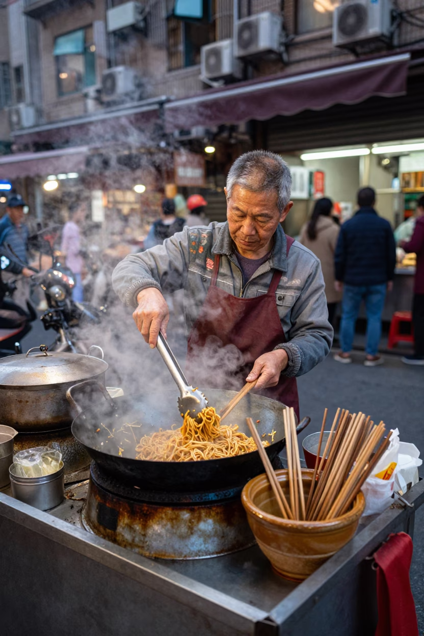 Taipei Street Vendor Cooking with Wok and Utensil Crock in Early Evening in in Taipei, Taiwan