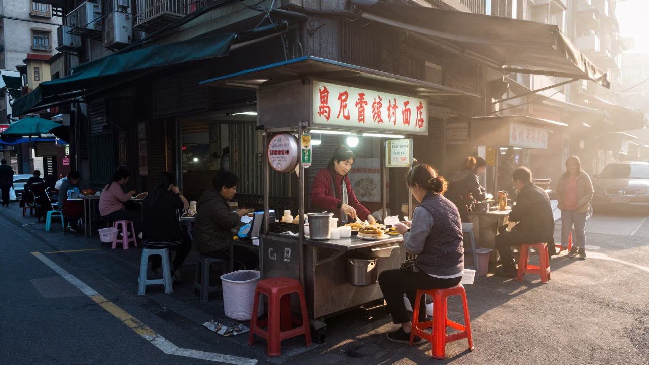 Taipei Street Vendor Dawn Breakfast Noodle Stall with Vintage Kettle and Slippers in in Taipei, Taiwan