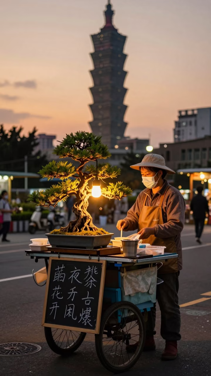 Taipei Street Vendor Evening Light with Bonsai Pine and Chalkboard Sign in in Taipei, Taiwan