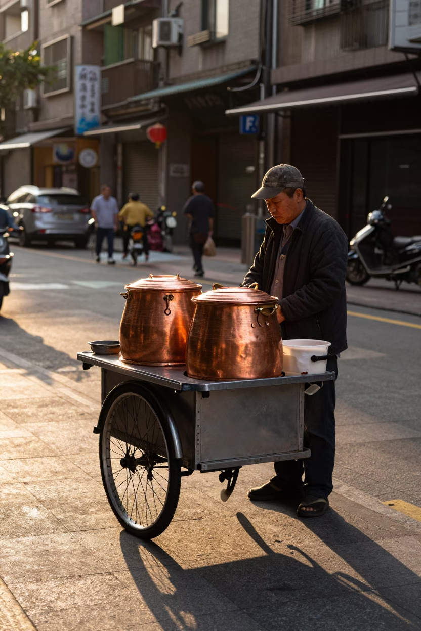 Taipei Street Vendor Golden Hour Copper Pots and Bicycle in in Taipei, Taiwan