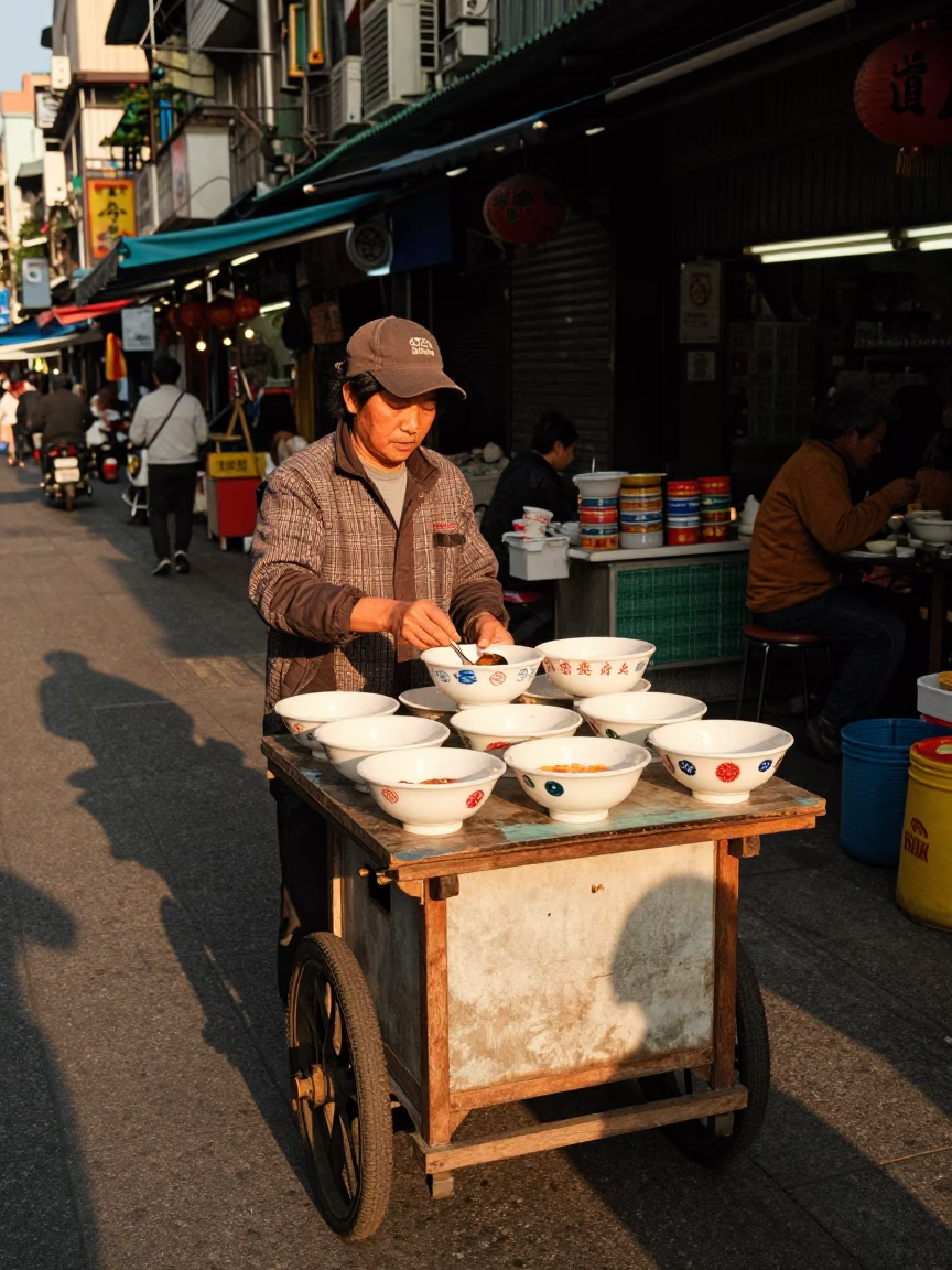 Taipei Street Vendor Golden Hour Tea Stains Chaat Bowl Local Market Scene in in Taipei, Taiwan