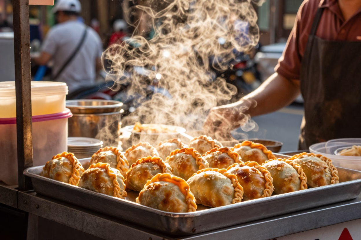 Taipei Street Vendor Late Afternoon Steam and Colorful Food Scene in in Taipei, Taiwan