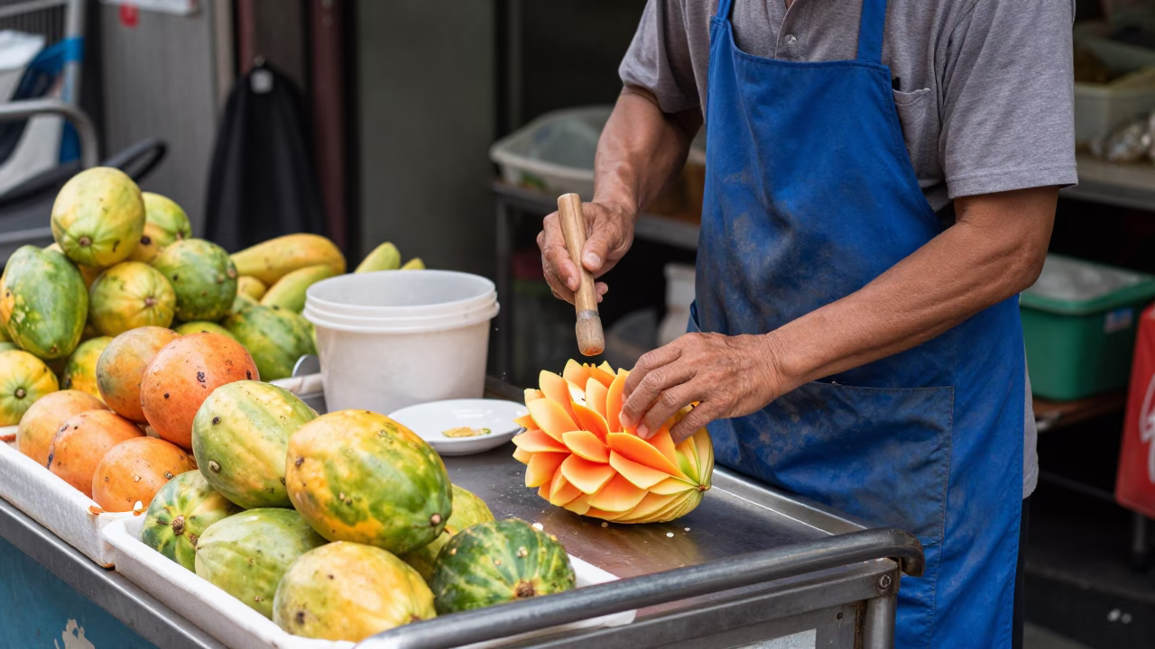 Taipei street vendor midday fruit carving display with fresh basil leaves in in Taipei, Taiwan
