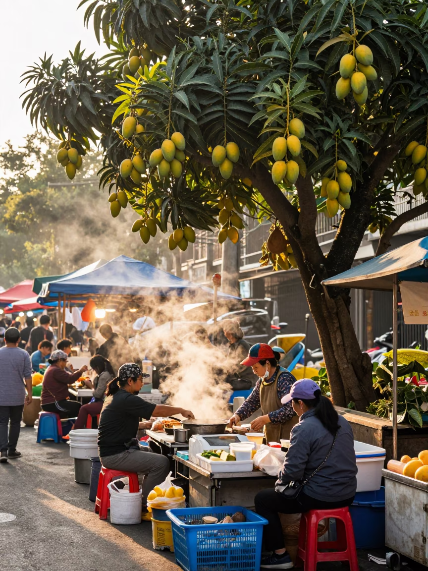 Taipei Street Vendor Morning Market Scene with Mango Tree and Metal Bucket in in Taipei, Taiwan