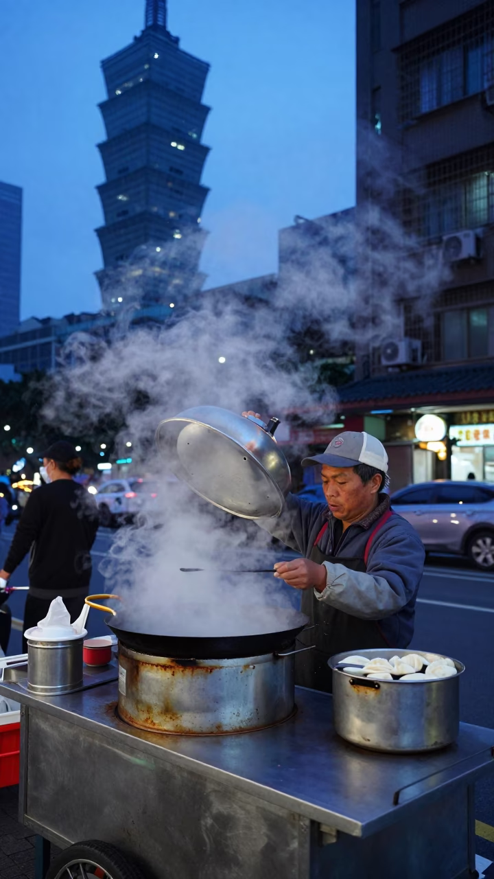 Taipei Street Vendor Pre-Dawn Steam and Traditional Breakfast Preparation in in Taipei, Taiwan