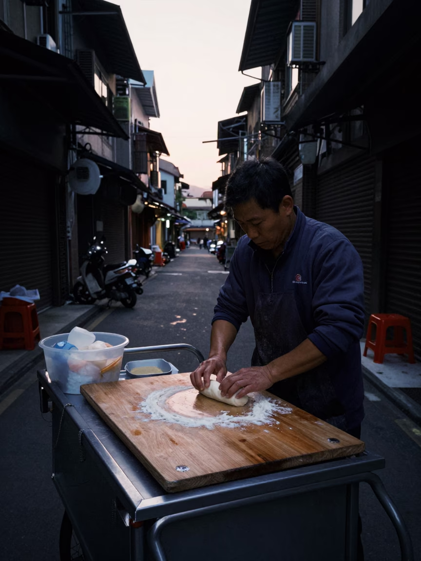 Taipei street vendor preparing breakfast before dawn with glossy enamel and condensation in in Taipei, Taiwan