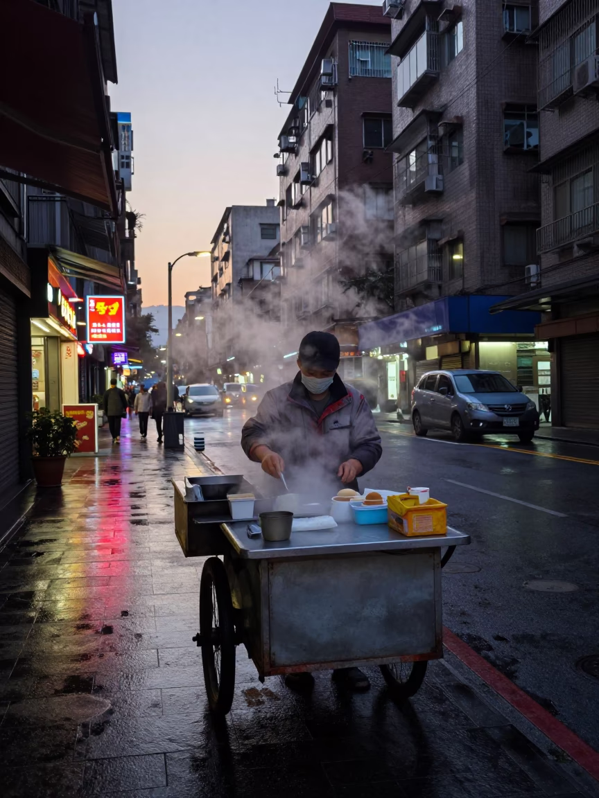 Taipei Street Vendor Preparing Breakfast Before Dawn with Steam and City Lights in in Taipei, Taiwan