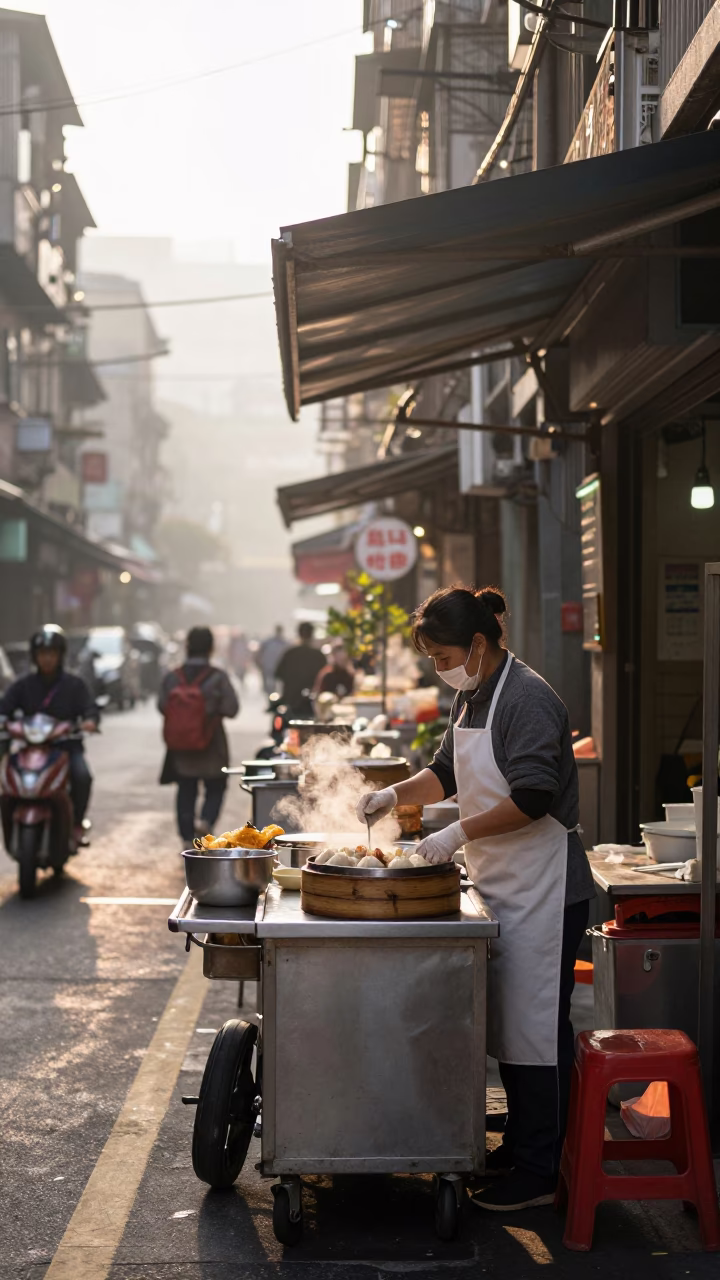 Taipei street vendor preparing dim sum breakfast near MRT station at sunrise in in Taipei, Taiwan
