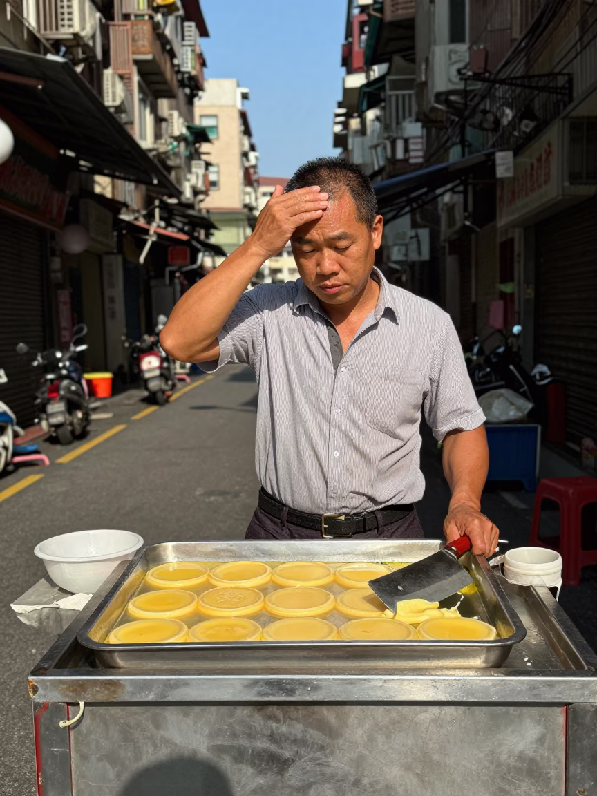 Taipei street vendor preparing egg custard with cleaver and fan in in Taipei, Taiwan