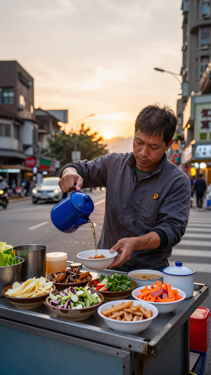 Taipei street vendor preparing food with enamel pitcher at golden hour in in Taipei, Taiwan