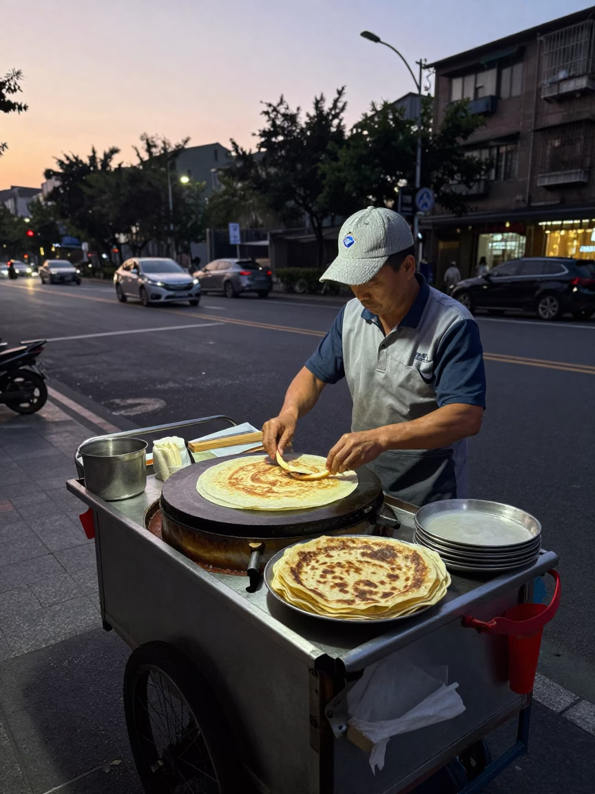 Taipei street vendor preparing jianbing crepe before dawn with steam rising from hot griddle in in Taipei, Taiwan