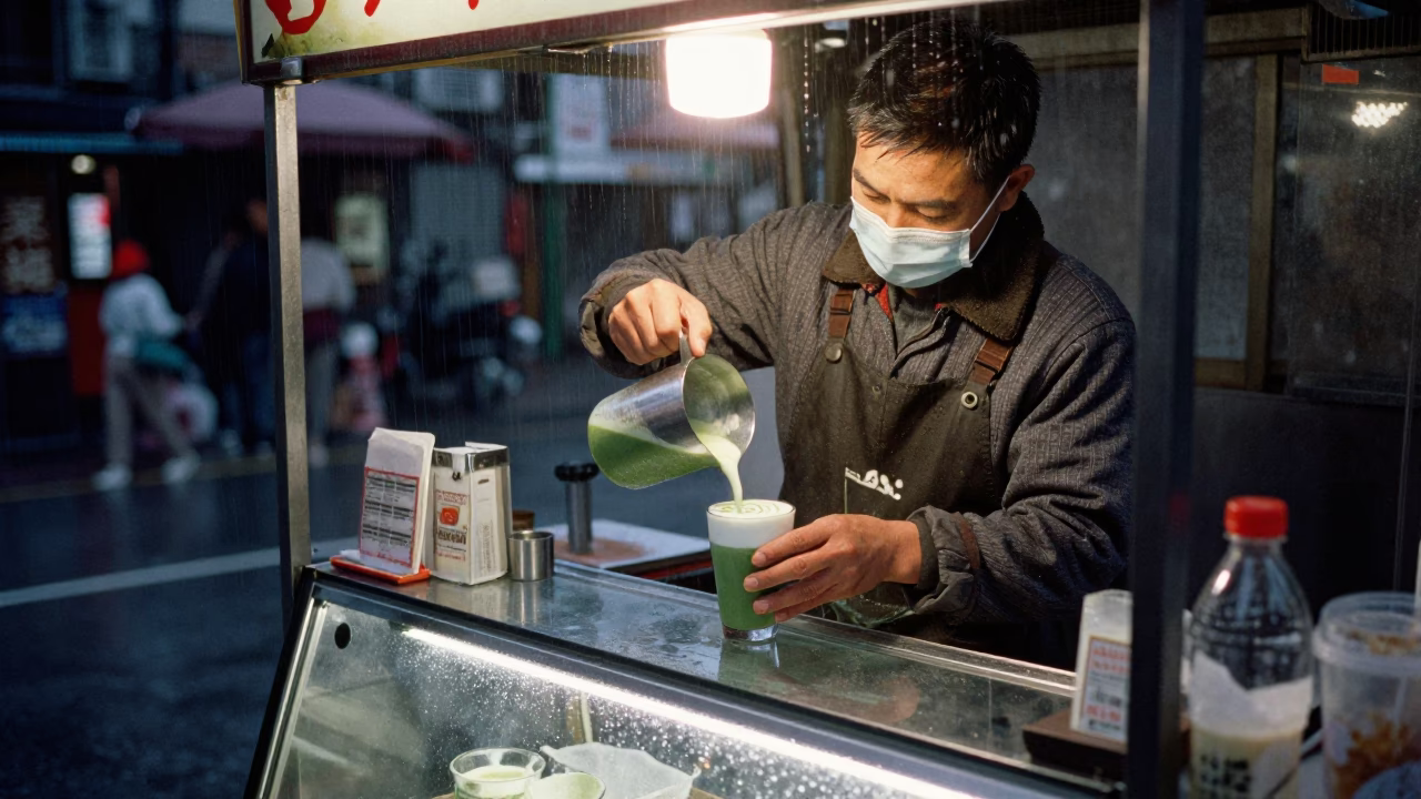 Taipei Street Vendor Preparing Matcha Latte in Predawn Rain with Condensation on Window Glass in in Taipei, Taiwan