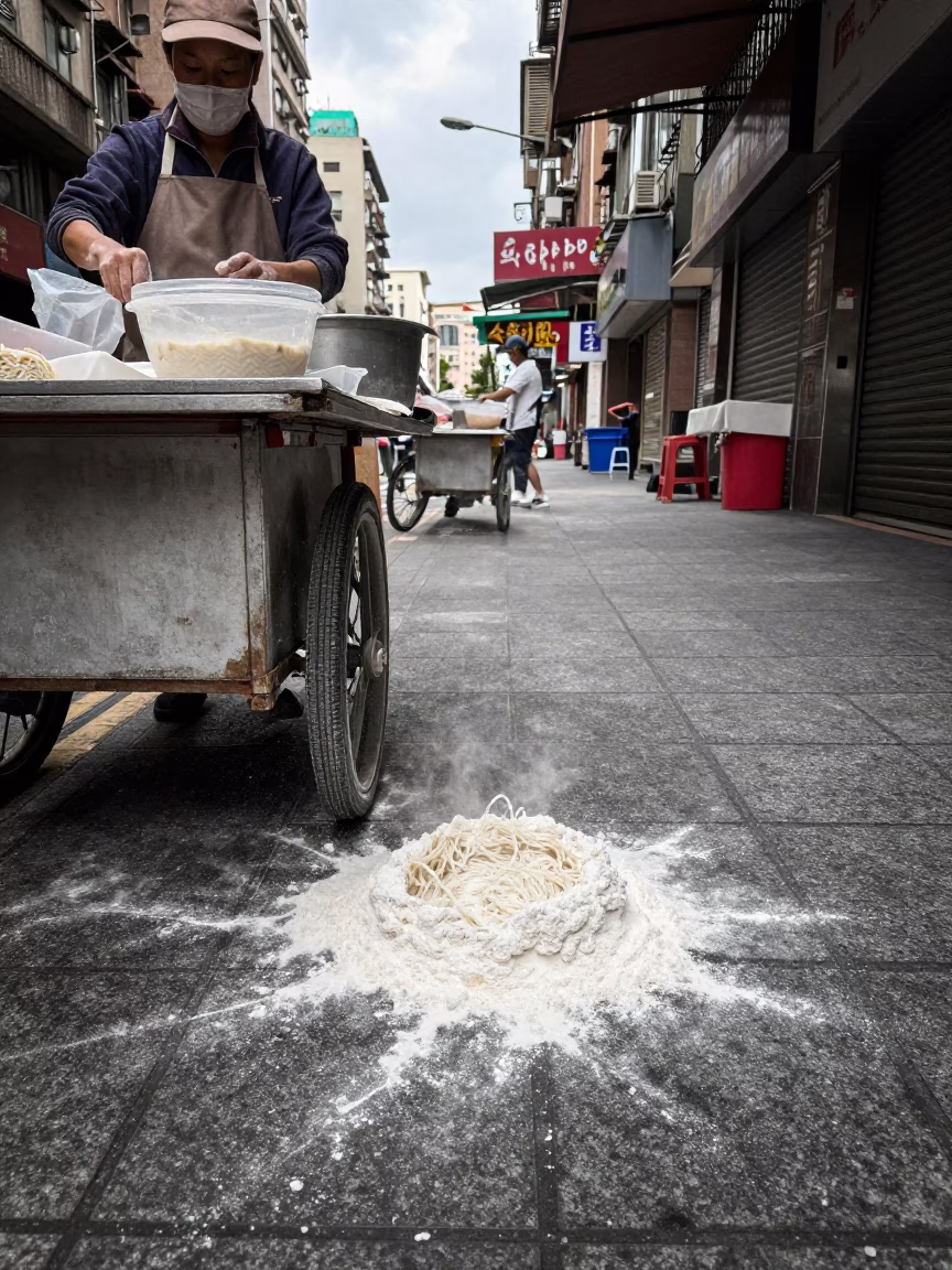 Taipei street vendor preparing noodles with flour dust and metal tools in in Taipei, Taiwan