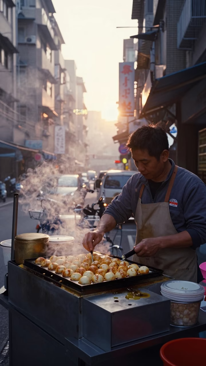 Taipei street vendor preparing takoyaki at first light dawn with sauce drizzle in in Taipei, Taiwan