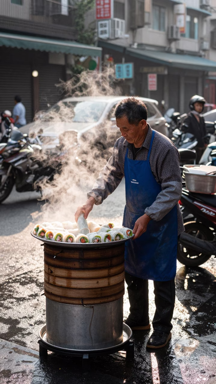 Taipei Street Vendor Selling Banh Cuon Rolls in Early Morning Light in in Taipei, Taiwan