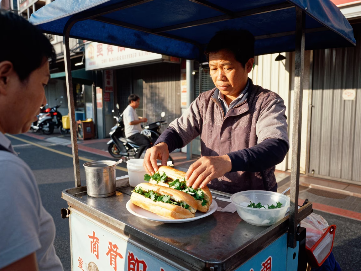 Taipei Street Vendor Selling Fresh Banh Mi with Cilantro in Late Afternoon Light in in Taipei, Taiwan