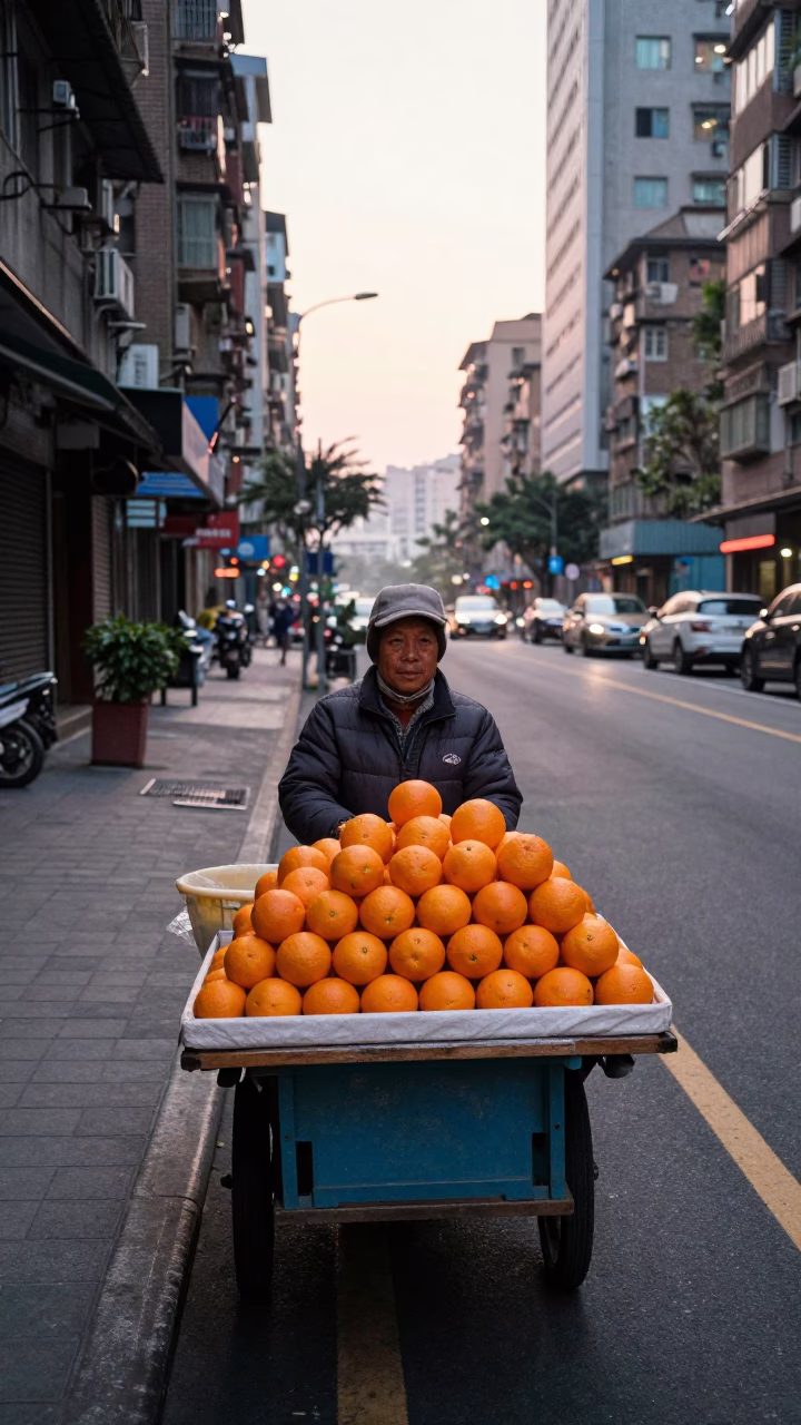 Taipei street vendor selling fresh oranges at dawn with traditional architecture in in Taipei, Taiwan