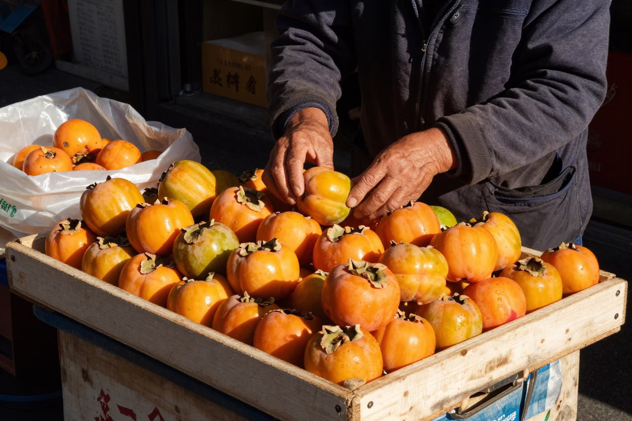 Taipei street vendor selling fresh persimmons on wooden crate near metro entrance in in Taipei, Taiwan