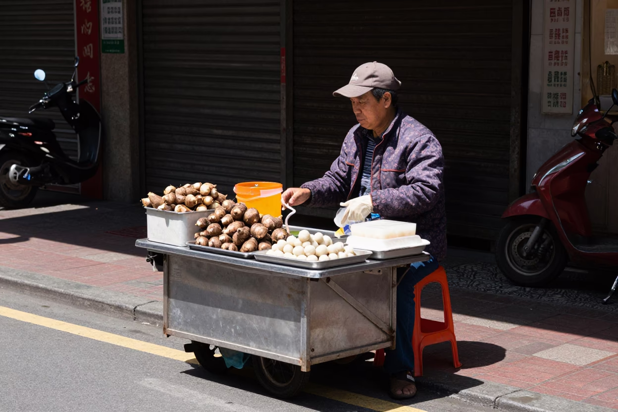 Taipei Street Vendor Selling Fresh Taro and Taro Balls at Noon Under Flat Glare in in Taipei, Taiwan