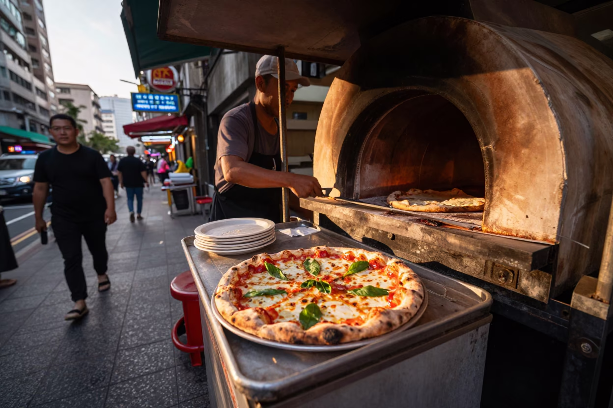 Taipei Street Vendor Selling Fresh Wood-Fired Pizza in Honeyed Evening Light in in Taipei, Taiwan