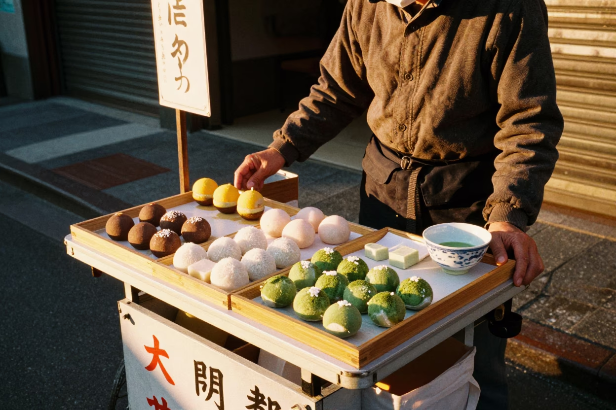 Taipei street vendor selling matcha wagashi sweets at golden hour before sunset in in Taipei, Taiwan