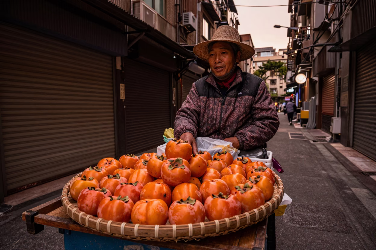 Taipei Street Vendor Selling Persimmons in Copper Toned Dusk Light in in Taipei, Taiwan