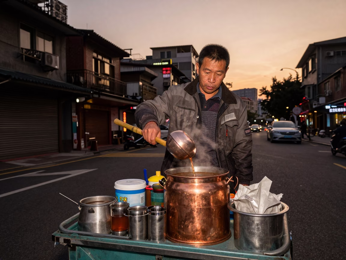 Taipei Street Vendor Selling Tea in Copper Toned Dusk Light in in Taipei, Taiwan