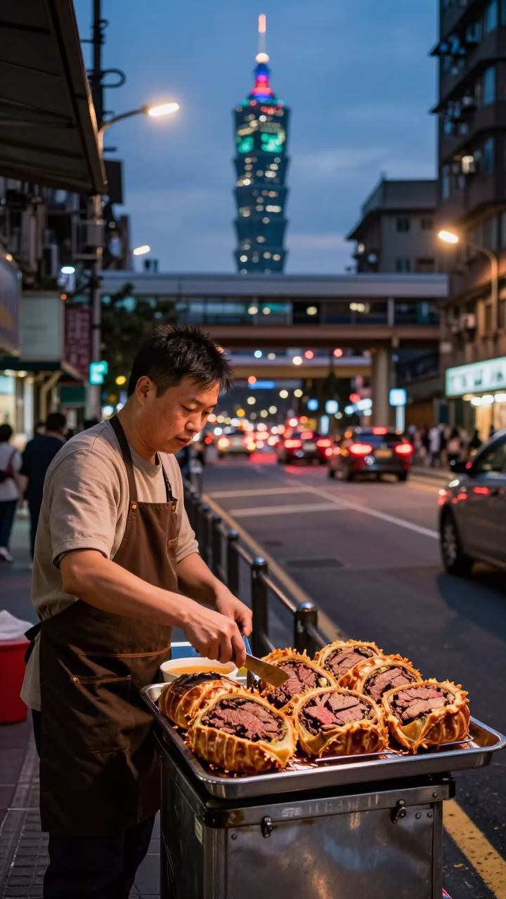 Taipei street vendor serving beef Wellington under copper dusk light near overpass in in Taipei, Taiwan