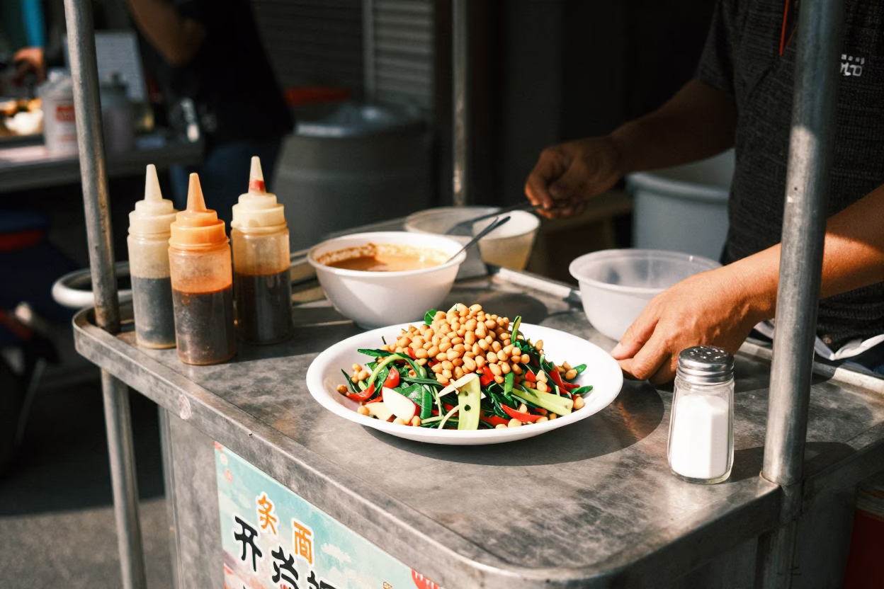 Taipei street vendor serving gado-gado and peanut sauce in early afternoon in in Taipei, Taiwan