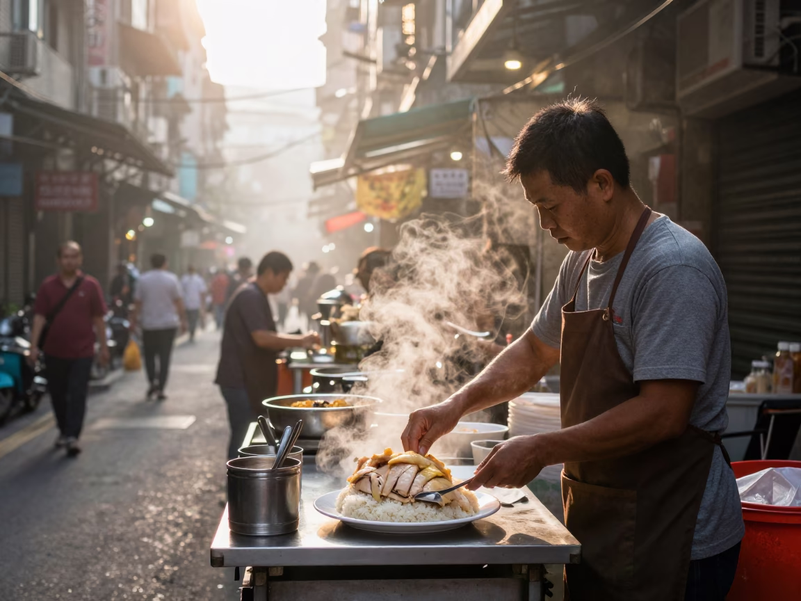 Taipei street vendor serving Hainanese chicken rice at dawn with steam rising from bowls in in Taipei, Taiwan