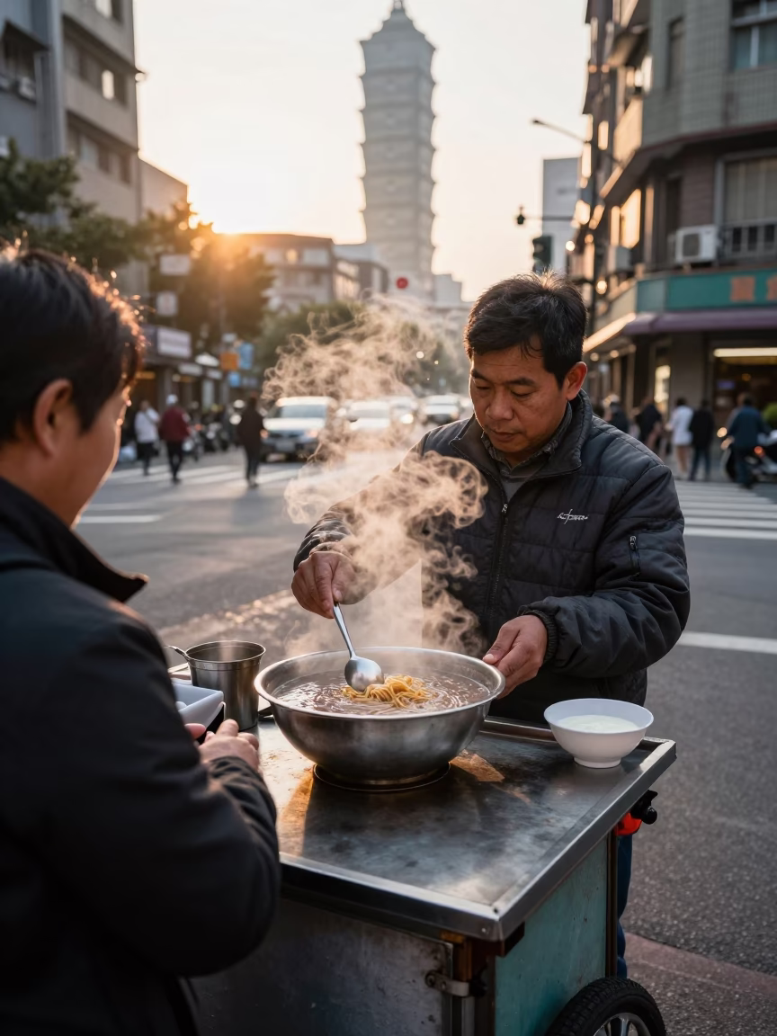 Taipei Street Vendor Serving Hot Ash Reshteh with Kashk After Sunrise in in Taipei, Taiwan