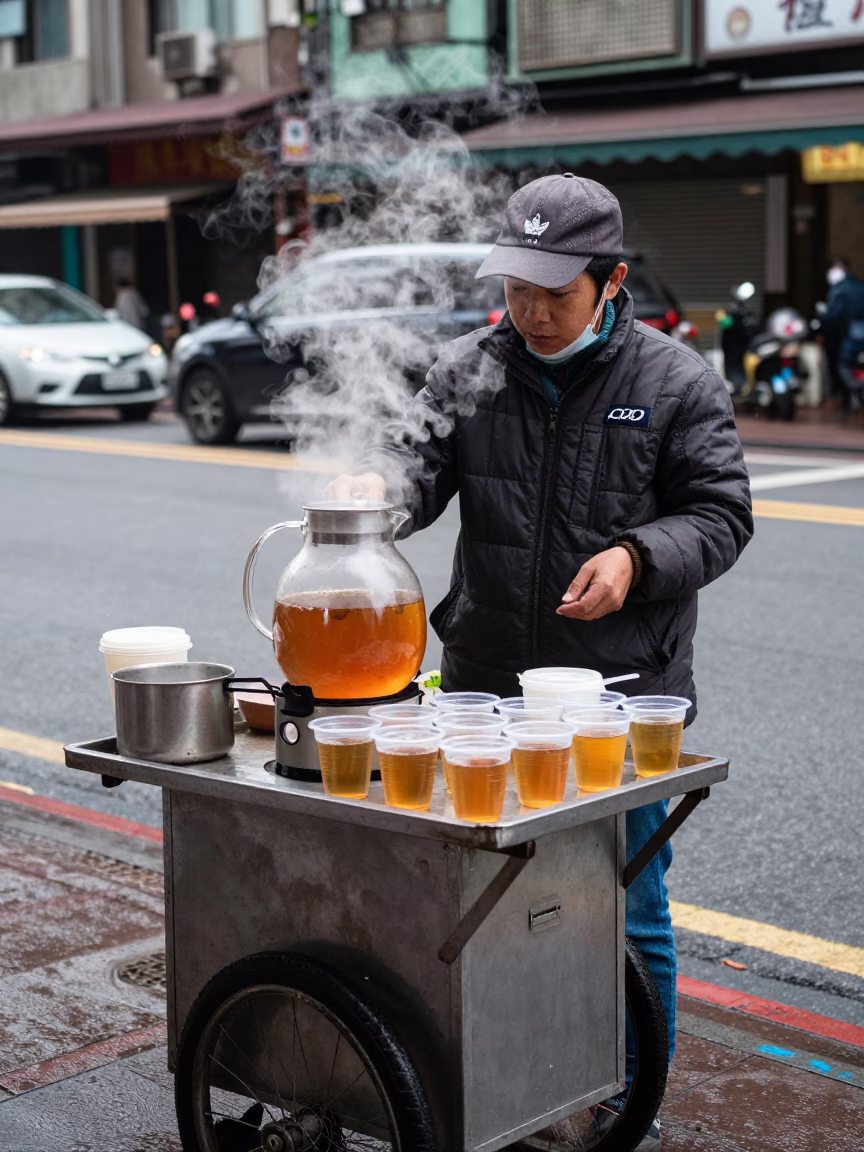 Taipei street vendor serving hot drinks under overcast midday sky in in Taipei, Taiwan