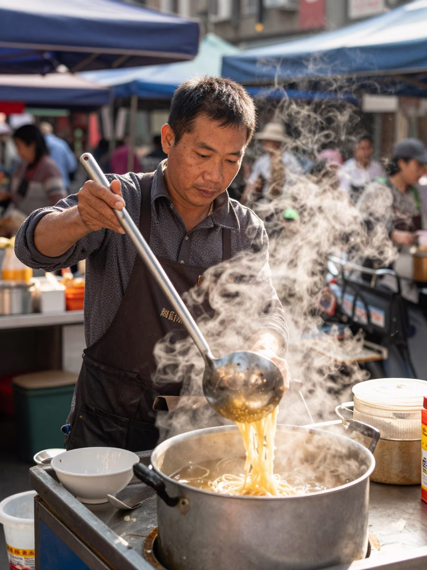 Taipei Street Vendor Serving Hot Noodles With Ladle And Glass Pitcher in in Taipei, Taiwan