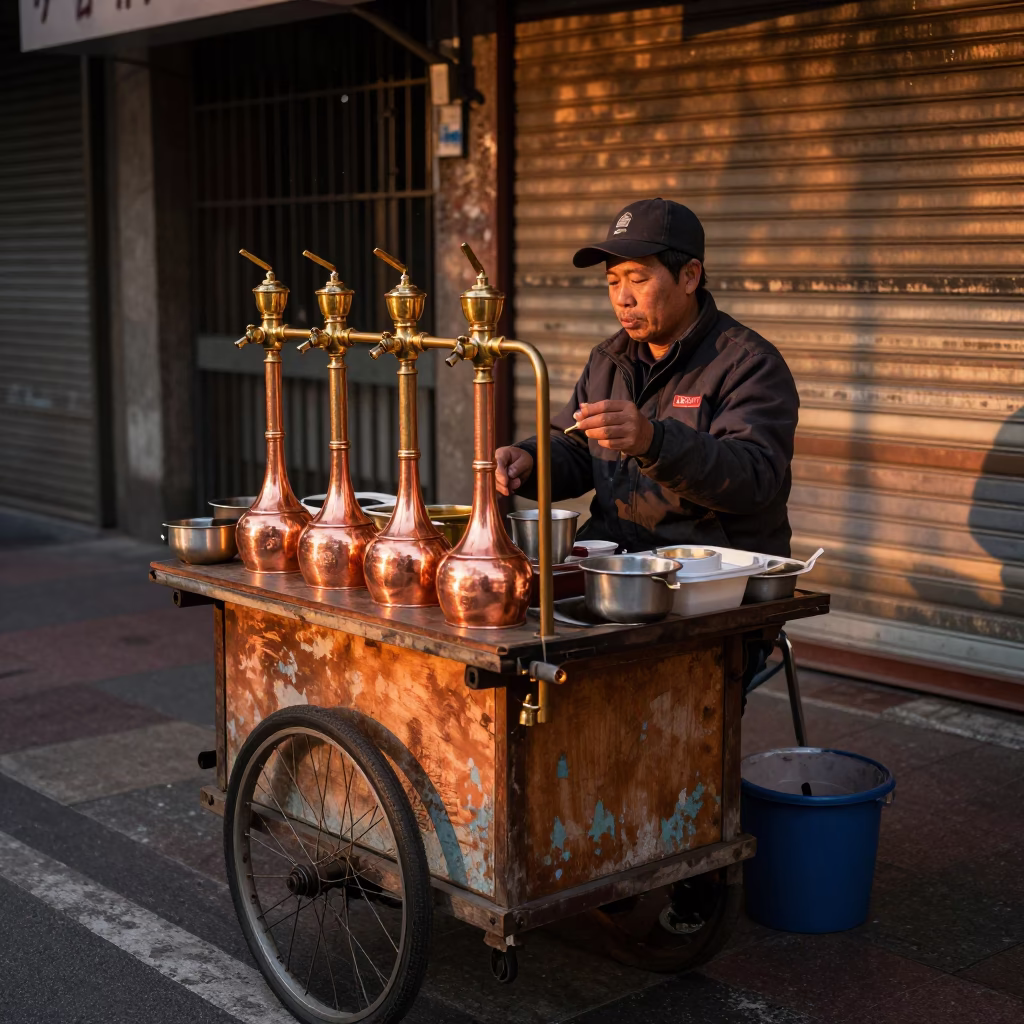 Taipei Street Vendor Serving Hot Tea in Copper Toned Dusk Light in in Taipei, Taiwan