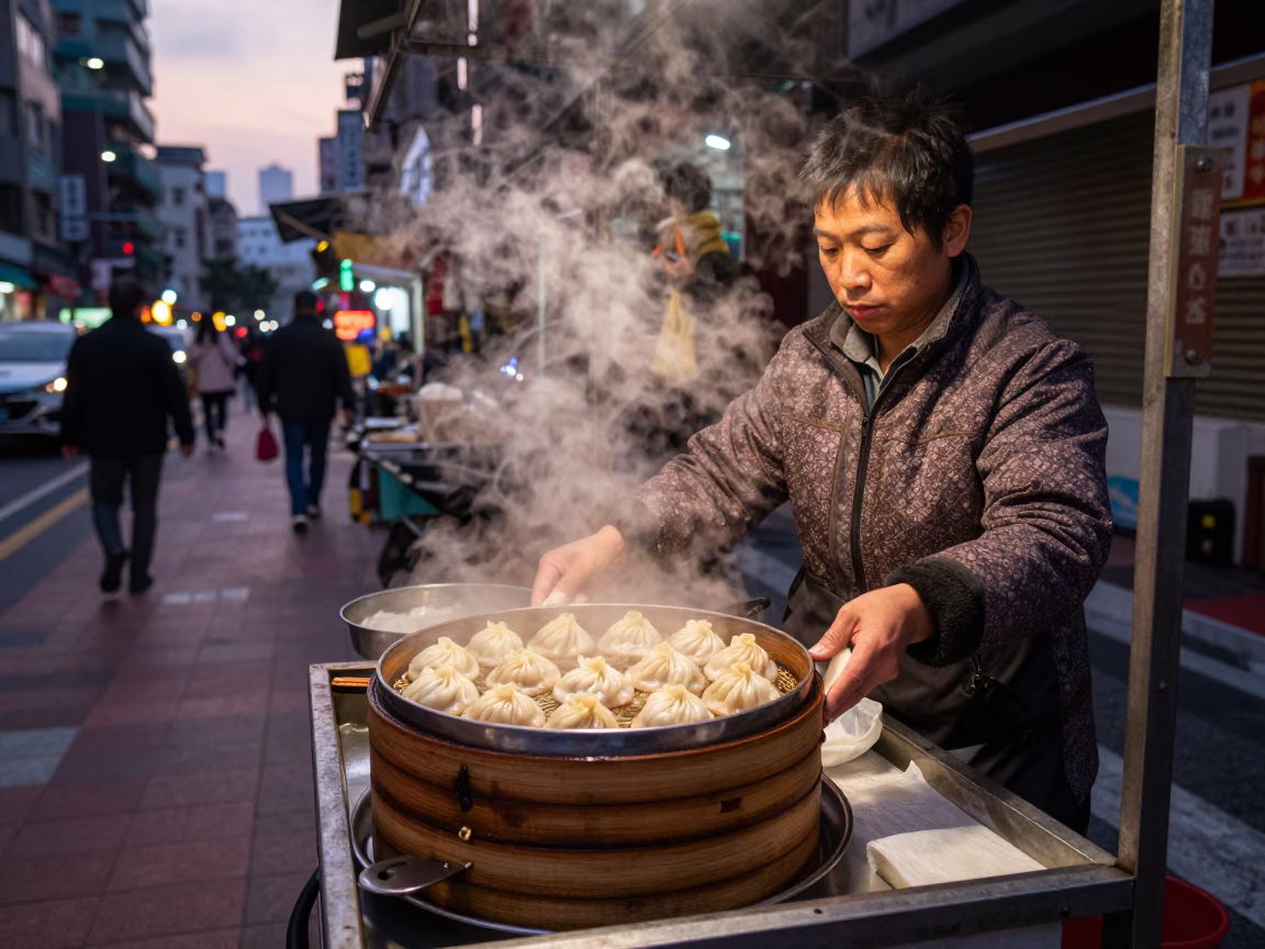 Taipei Street Vendor Serving Steaming Xiaolongbao in Copper Dusk Light in in Taipei, Taiwan