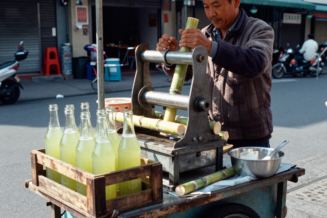 Taipei street vendor serving sugarcane juice in 1970s urban alleyway in in Taipei, Taiwan