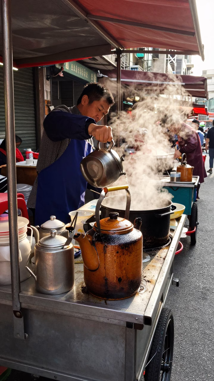 Taipei street vendor stall with ceramic pitcher and greasy kettle lid in in Taipei, Taiwan