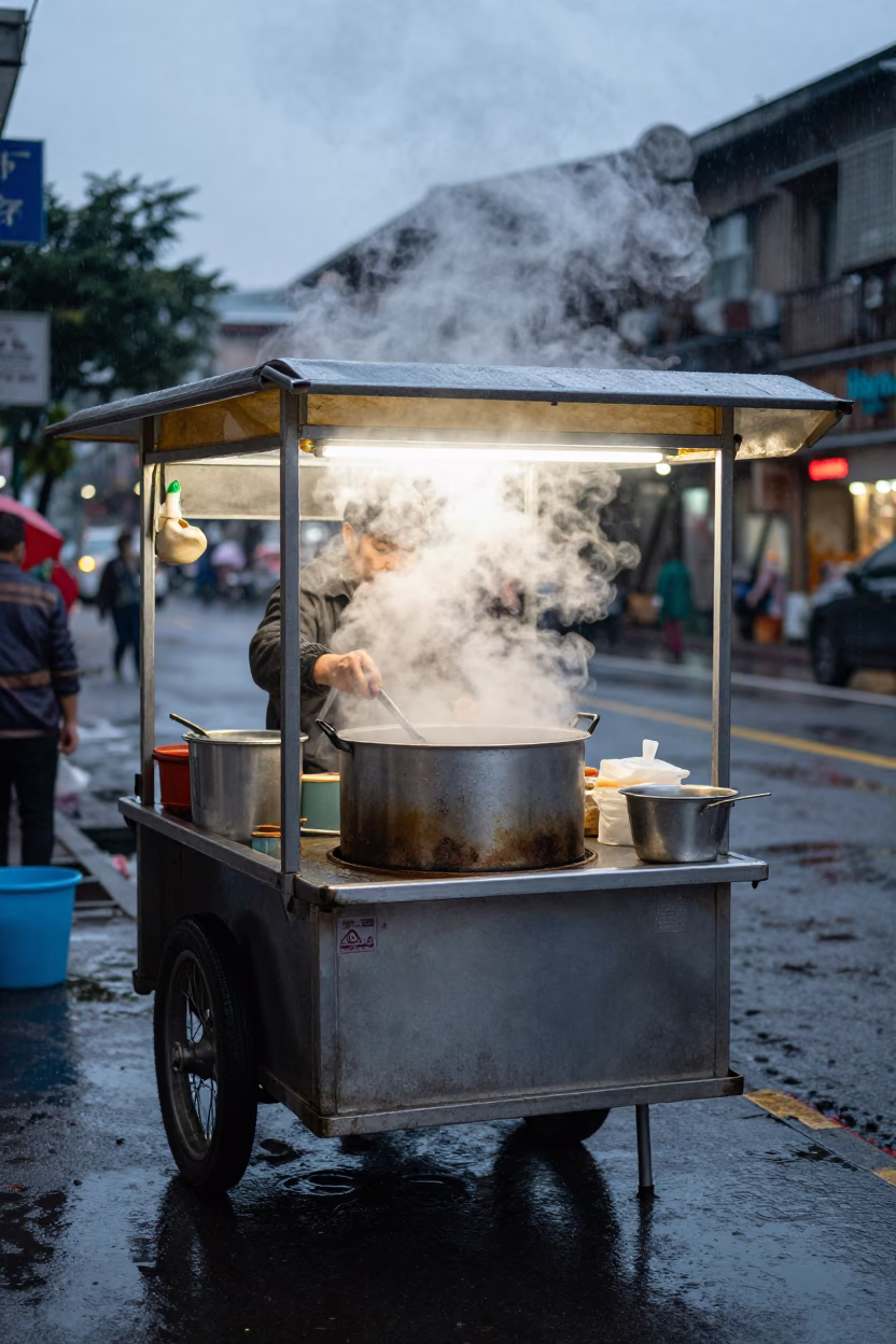 Taipei street vendor steam rising from metal cart in morning rain in in Taipei, Taiwan