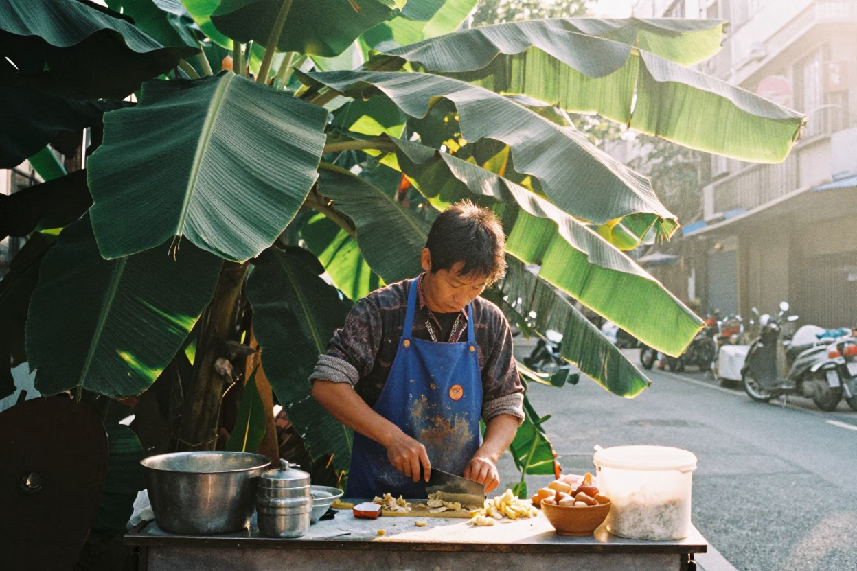 Taipei Street Vendor Sunrise Preparation with Apron and Cutting Board in in Taipei, Taiwan