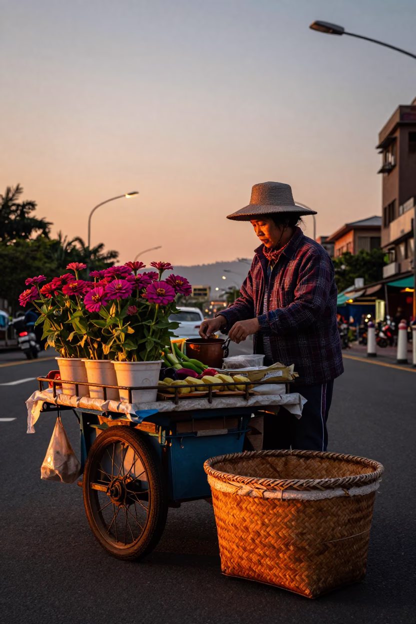 Taipei Street Vendor Sunset Scene with Woven Basket and Zinnias in in Taipei, Taiwan