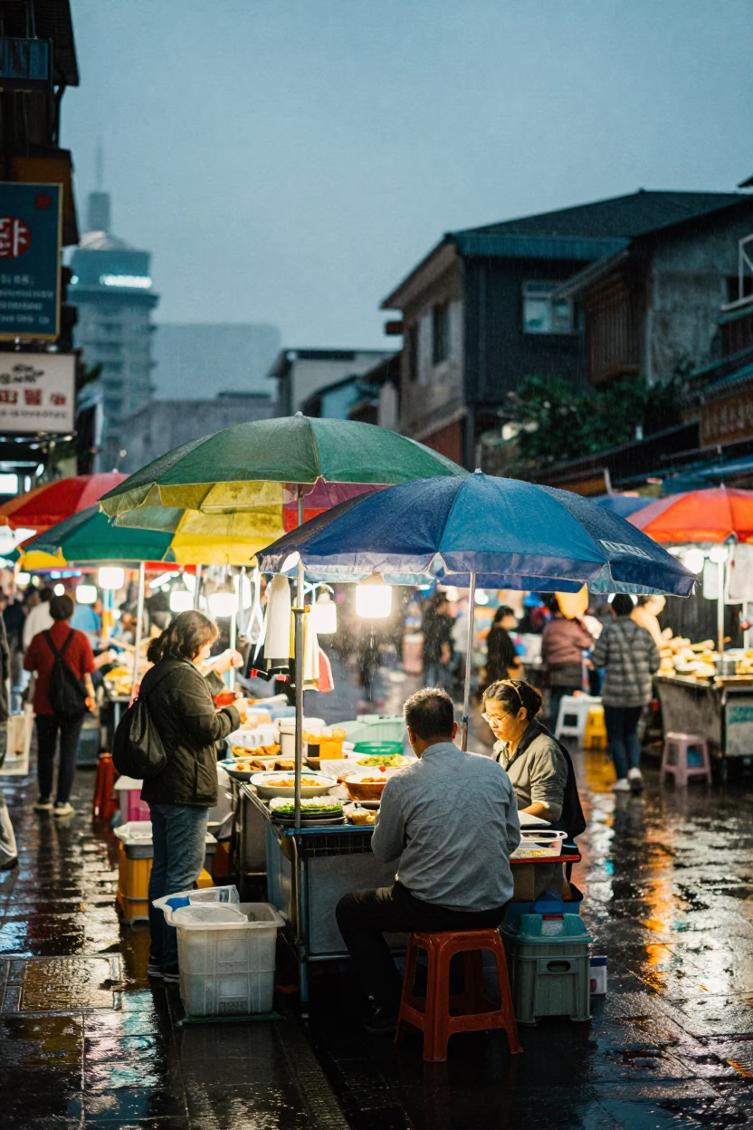 Taipei street vendor under umbrellas in light rain dusk in in Taipei, Taiwan