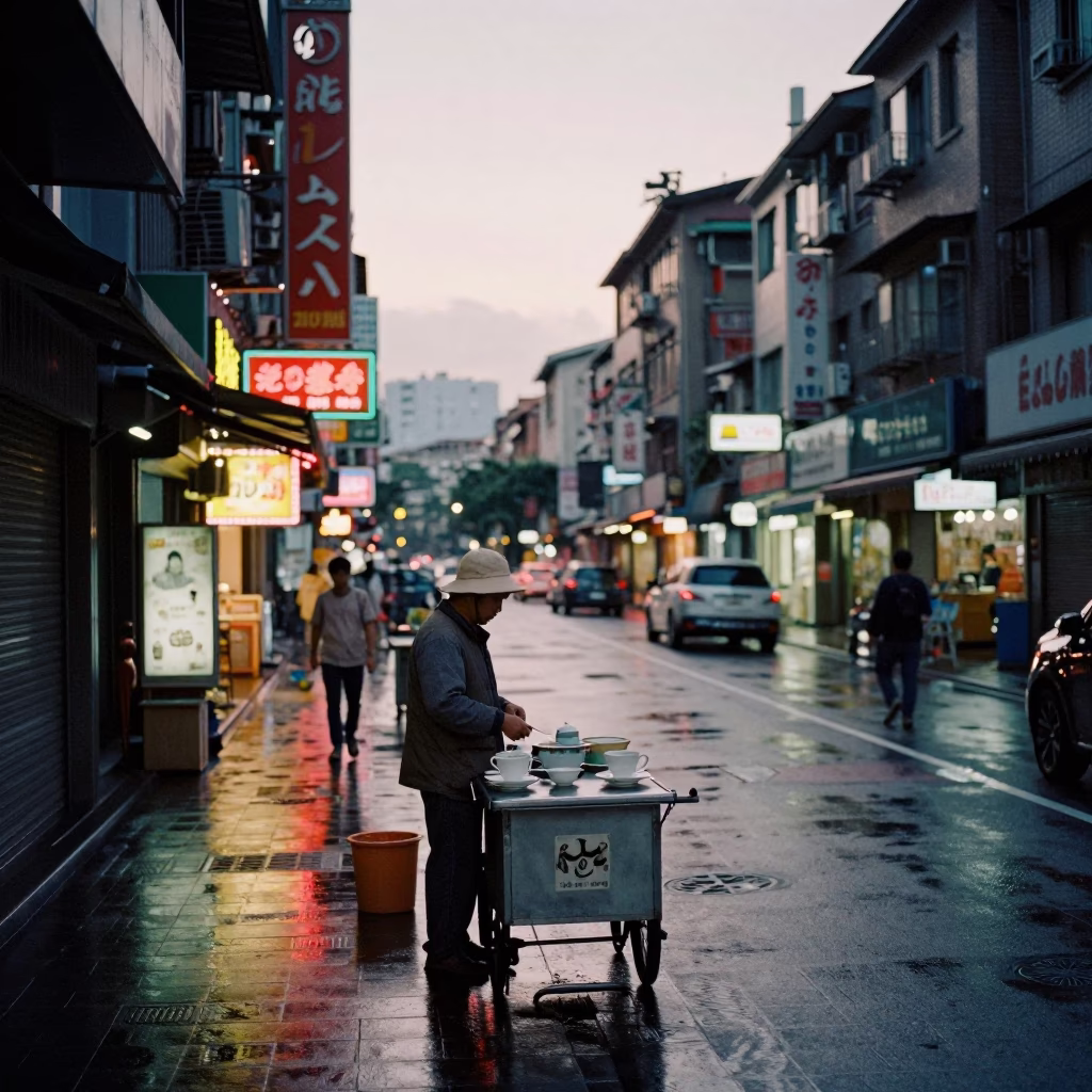 Taipei Taiwan Dawn Street Scene with Teacups and Morning Routine in in Taipei, Taiwan