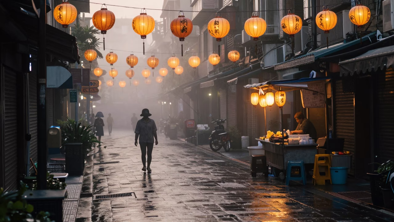 Taipei Taiwan Dawn Street Scene with Traditional Paper Lanterns and Tram Reflections in in Taipei, Taiwan