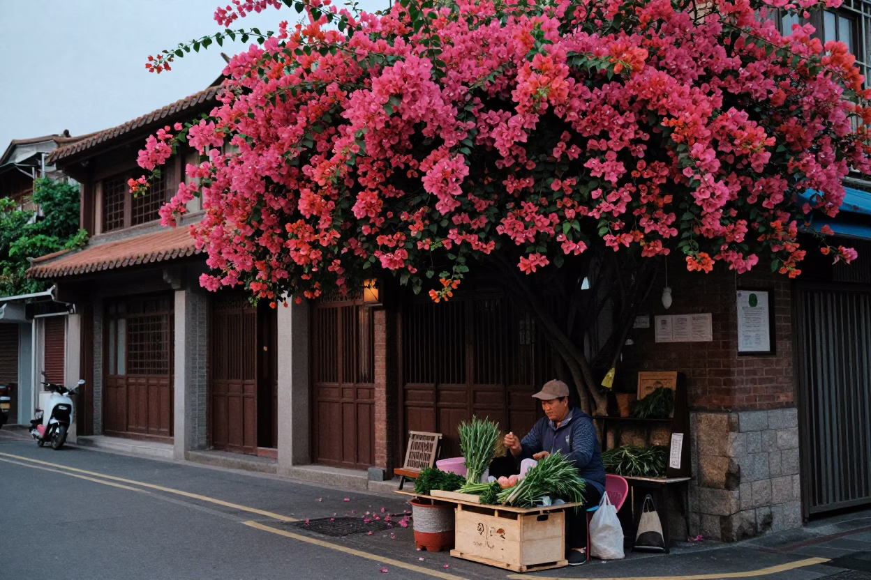 Taipei Taiwan Early Evening Street Scene with Bougainvillea and Traditional Market Vendors in in Taipei, Taiwan