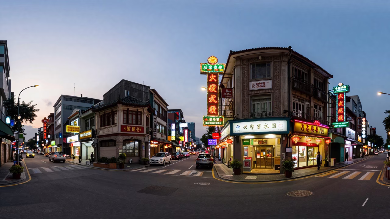 Taipei Taiwan Early Evening Street Scene with Neon Signs and Urban Life in in Taipei, Taiwan