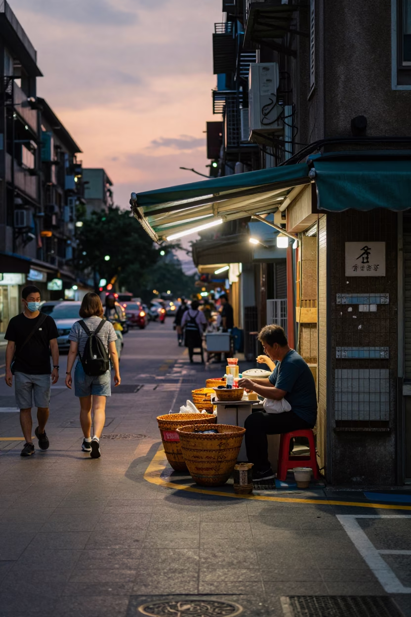 Taipei Taiwan Early Evening Street Scene with Woven Baskets and Local Market Life in in Taipei, Taiwan