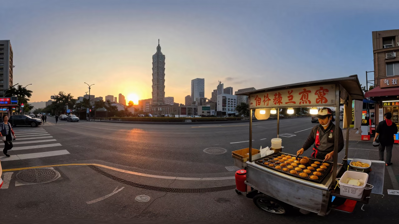 Taipei Taiwan street scene at sunset with takoyaki vendor and traditional architecture in in Taipei, Taiwan