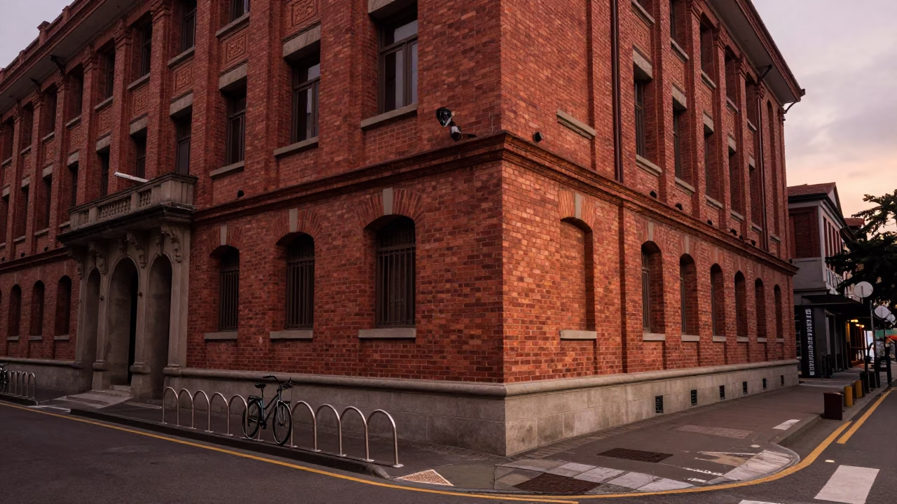 Taipei Taiwan Street Scene Before Dusk with Red Brick Building and Bicycle Rack in in Taipei, Taiwan