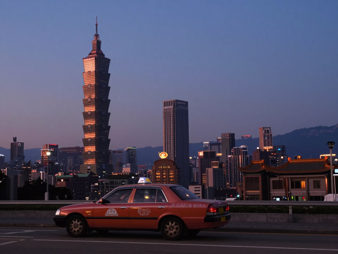 Taipei Taiwan Twilight Horizon Shot with Taxi Rank and Traditional Architecture in in Taipei, Taiwan